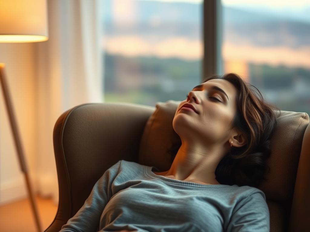 Endlich rauchfrei: Hypnose Rauchentwöhnung nutzen 2 A tranquil scene of a person in a comfortable chair, eyes closed, entering a state of deep relaxation through the power of hypnosis. The room is softly lit, with warm tones and a sense of calm serenity. The person's expression is serene, their body language indicating a release of tension and stress. In the background, a blurred, dreamlike landscape suggests a journey inward, a mental escape from the constraints of the physical world. The image conveys the potential of hypnosis to provide a path to freedom from the grip of addiction, visualizing the benefits of this approach to smoking cessation.