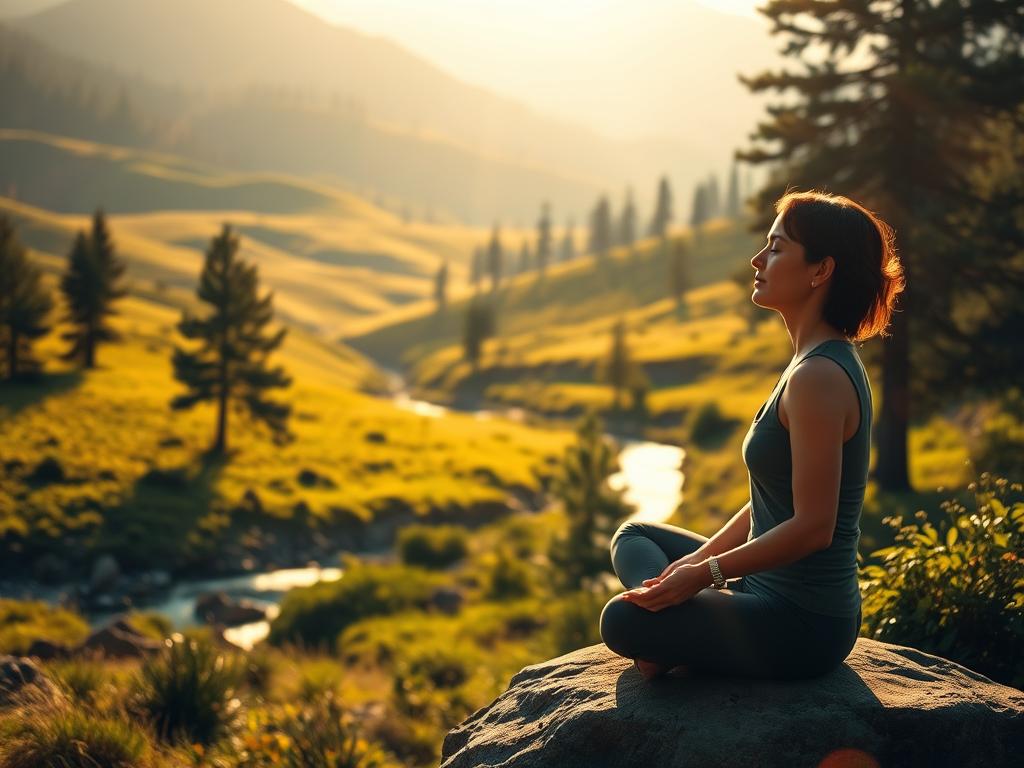 Aktiviere Selbstheilung: Meditation Selbstheilungskräfte Aktivieren 2 A tranquil scene of a person practicing mindful meditation in a serene natural setting. The foreground features a person sitting cross-legged on a rock, eyes closed, hands resting gently in their lap. The middle ground showcases a lush, verdant landscape with rolling hills, towering pine trees, and a gently flowing stream. The background is bathed in warm, golden light, creating a sense of calm and inner peace. The overall atmosphere is one of deep relaxation, introspection, and a harmonious connection between the individual and the natural world. Soft lens flares and a slight depth of field blur add to the dreamlike, meditative quality of the image.
