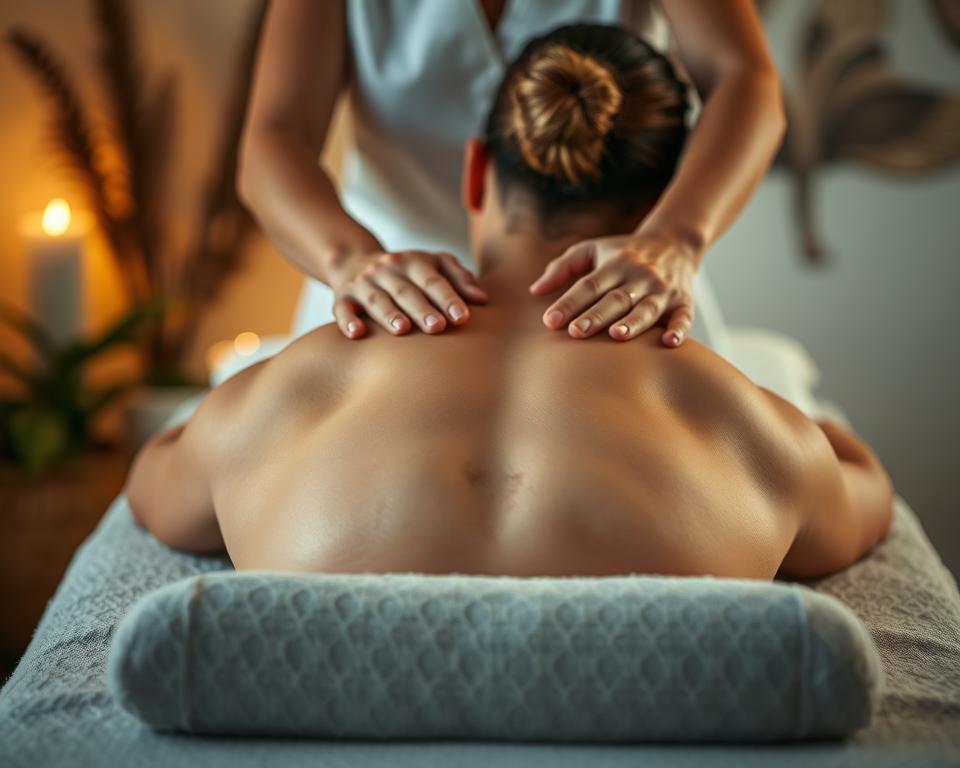 A tranquil scene of a person undergoing an alternative treatment for tension between the shoulder blades and spine. The subject lies on a massage table, their back exposed, as a skilled practitioner gently kneads the muscles with their palms. Soft, warm lighting casts a soothing glow, creating an atmosphere of relaxation and healing. In the background, natural elements such as plants or calming artwork suggest a holistic, spa-like environment. The overall composition emphasizes the restorative process, with the practitioner's focused movements and the subject's serene expression conveying a sense of relief and well-being.