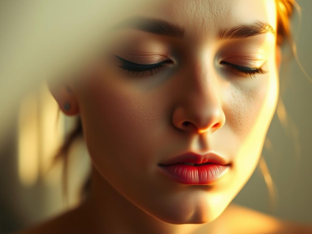 A tranquil, softly-lit close-up portrait of a person's face with a serene, introspective expression. The skin has a gentle glow, and the eyes are half-closed, conveying a sense of inner peace and self-reflection. The background is subtly blurred, creating a sense of depth and focus on the subject's face. The lighting is warm and diffused, casting soft shadows that accentuate the facial features. The composition is centered, placing the person's face at the heart of the image. The overall mood is one of calm, contemplation, and a deep connection with one's inner self.