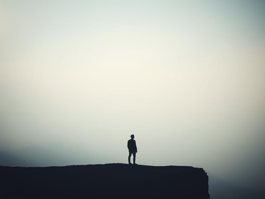Wage Glaubensschritte ins Unbekannte – Mutig voran 1 A tranquil, softly lit scene depicting a person standing at the edge of a vast, unknown expanse. In the foreground, a solitary figure stands with a pensive, thoughtful expression, their gaze fixed on the horizon. The middle ground is filled with a misty, ethereal landscape, hinting at the mysteries and uncertainties that lie ahead. The background is shrouded in a soft, diffuse light, creating a sense of mystery and the unknown. The overall mood is one of contemplation and inner reflection, as the person prepares to take a leap of faith and confront their fears. The image conveys the idea of overcoming the fear of the unknown and embracing the challenges that lie ahead.