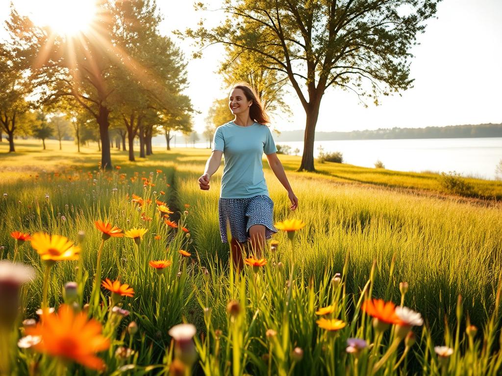 A tranquil, sun-dappled meadow, with a couple walking hand-in-hand, their faces radiating happiness and connection. In the foreground, vibrant wildflowers sway gently in the breeze, symbolizing the bloom of their shared values. The middle ground features a tree-lined path, representing the journey they navigate together. In the distance, a serene lake reflects the clear sky, evoking a sense of harmony and serenity. The overall scene is captured with a warm, golden-hour lighting, creating a calming, intimate atmosphere. The composition is balanced, with the couple as the focal point, surrounded by the natural elements that nurture their "gemeinsame Werte" – their shared goals and values.