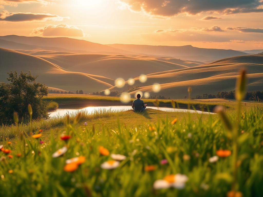 Erfolgreich ein Positives Geldmindset aufbauen 2 A tranquil, sun-dappled meadow, with lush greenery and vibrant wildflowers in the foreground. In the middle ground, a serene pond reflects the sky, and on its banks, a person sits in a thoughtful pose, surrounded by glowing orbs representing their strengthening self-worth, goal-setting, and transforming beliefs. The background features rolling hills and a warm, golden-hour sky, conveying a sense of inner peace and personal growth. The scene is captured with a soft, dreamlike focus, creating an atmosphere of introspection and self-discovery.