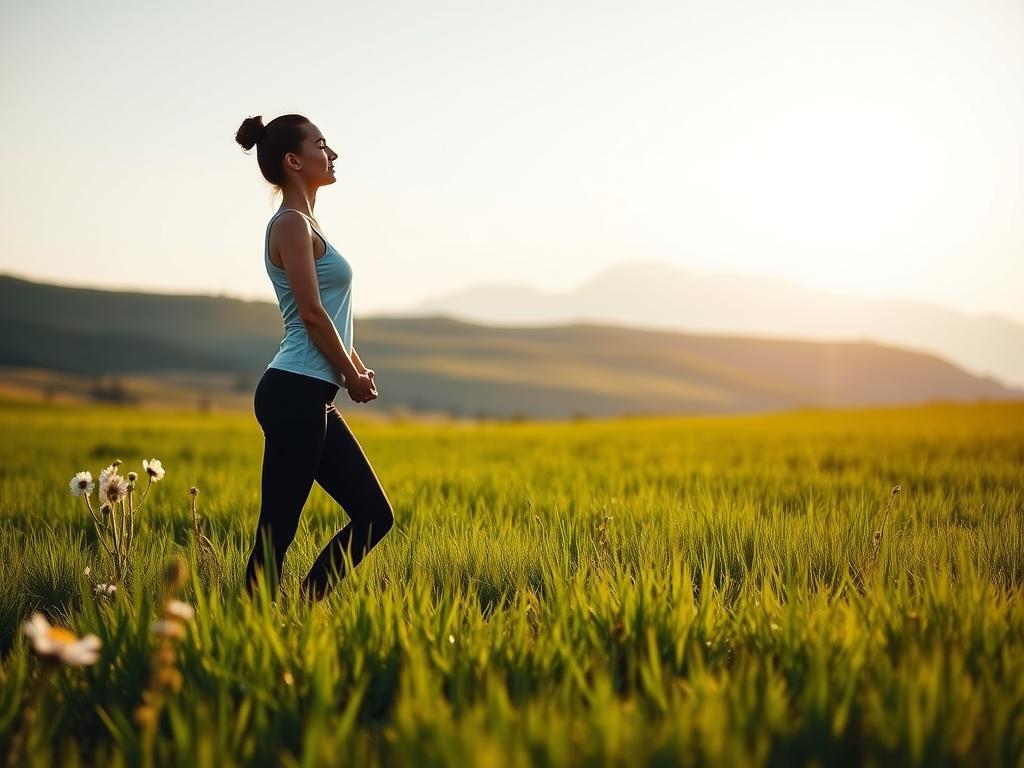 A tranquil, sun-lit meadow in the early morning, with a figure standing in a serene yoga pose, their eyes closed in meditative focus. The lush, verdant grass and wildflowers in the foreground give way to a gently rolling landscape in the middle distance, while the background features a distant, snow-capped mountain range bathed in soft, golden light. The overall scene conveys a sense of inner peace, harmony, and the act of letting go, as suggested by the title "Atemübungen für inneren Frieden".