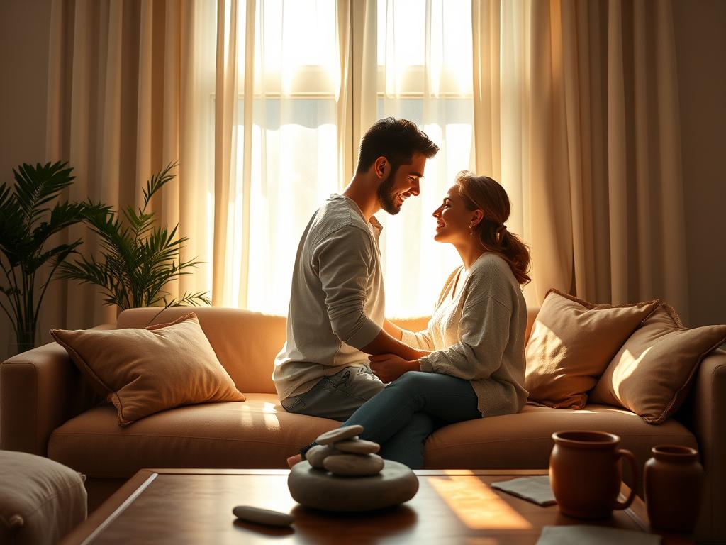 Zweierbeziehung achtsam leben: Glück zu zweit 3 A tranquil, sunlit living room where a loving couple sits together, their bodies angled towards each other, eyes locked in a moment of deep presence and connection. Soft natural light filters through sheer curtains, casting a warm glow on their faces. Plush, earthy-toned furnishings create a cozy, grounding atmosphere, inviting contemplation and mindful dialogue. Potted plants and smooth river stones on the coffee table suggest an intentional, nature-inspired design. The couple's posture and expressions convey a sense of unhurried attentiveness, radiating the beauty of consciously shared time.