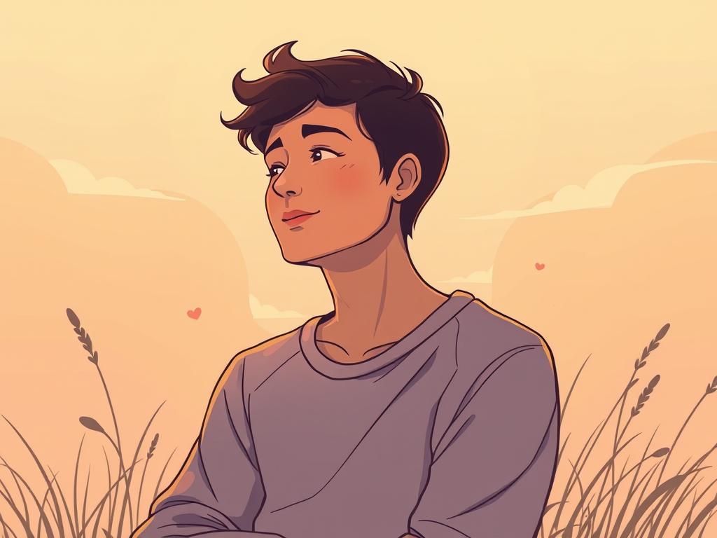 Selbstgespräche bewusst steuern – Entfalte Dein Potential 2 A tranquil, warm-toned illustration depicting a person engaged in positive self-talk. The figure, situated in a serene, nature-inspired setting, gazes thoughtfully inward, their face radiating a sense of self-assurance and inner harmony. Soft, diffused lighting accentuates the subject's contemplative expression, while wispy clouds and a gentle breeze create an atmosphere of introspection and personal growth. The composition emphasizes the individual's connection to their surroundings, suggesting that the act of self-encouragement is deeply rooted in one's environment and inner landscape. Overall, the image conveys a sense of empowerment, self-acceptance, and the transformative power of conscious, positive self-dialogue.