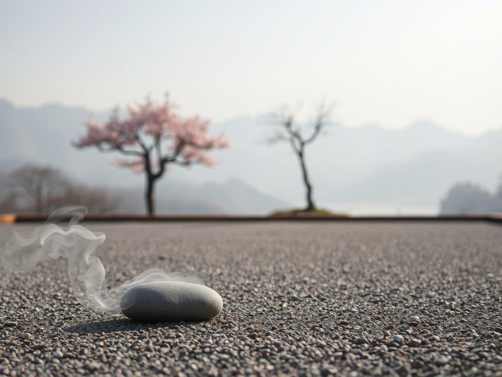 A tranquil zen garden, with a smooth, raked gravel surface. In the foreground, a single stone rests, representing the letting go of burdens. Surrounding it, wispy, ethereal mist gently swirls, conveying the lightness and freedom of release. In the middle ground, a lone cherry blossom tree stands, its delicate pink petals drifting down to symbolize the impermanence of all things. The background is a serene, muted landscape, hazy mountains visible in the distance, suggesting the expansiveness of the inner journey. Soft, diffuse natural lighting bathes the scene, creating a calming, contemplative atmosphere.