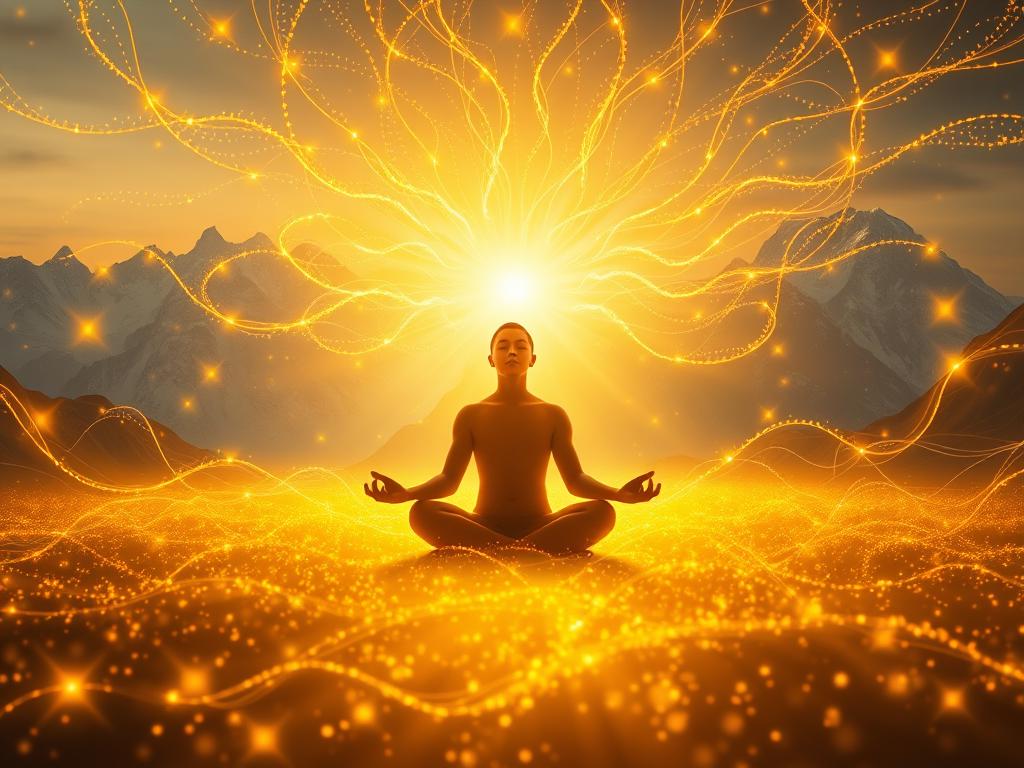 Reichtum durch Gedanken manifestieren 1 A vast expanse of golden energy fields, with shimmering threads of light intertwining and radiating outward. In the foreground, a serene figure sits in a lotus position, eyes closed, their aura pulsing with an inner glow. Surrounding them, swirling mists of thought forms coalesce into tangible representations of wealth - precious gems, shining coins, and opulent treasures. The background is a dreamscape of towering mountains, their peaks capped in snow, conveying a sense of grandeur and infinite possibility. Warm, diffused lighting bathes the scene, creating an atmosphere of tranquility and profound connection between the mind, body, and the abundance of the universe.
