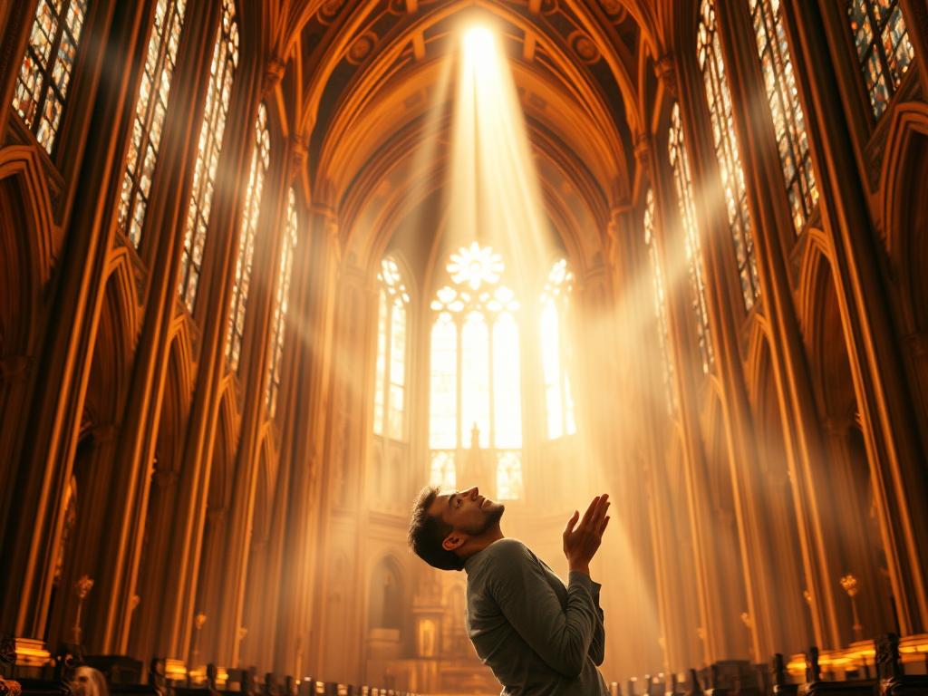 A vast, ornate cathedral fills the frame, its towering spires and intricate stained glass windows bathed in warm, golden light. In the foreground, a devout worshipper kneels in reverence, their hands clasped in prayer, their expression one of deep contemplation and unwavering faith. Beams of heavenly light radiate from above, illuminating the scene and suggesting a profound connection between the individual and the divine. The background is hazy, with a sense of ethereal, otherworldly grandeur, conveying the idea that material wealth and success are but a reflection of one's spiritual devotion and alignment with a higher power. The overall atmosphere is one of reverence, enlightenment, and the promise of prosperity through unwavering belief.