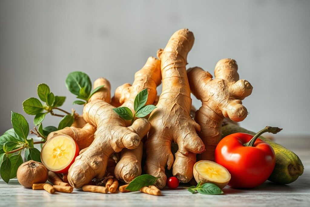 A vibrant and appetizing still life featuring a selection of fresh ginger roots, accompanied by a variety of healthy and delectable ingredients. The arrangement is captured in soft, natural lighting, showcasing the warm, earthy tones of the ginger against a clean, minimalist backdrop. The composition emphasizes the versatility of ginger, inviting the viewer to imagine the flavorful and nourishing recipes that can be crafted from these wholesome ingredients, all in service of achieving a healthy, slimmer figure. A vibrant and appetizing still life featuring a selection of fresh ginger roots, accompanied by a variety of healthy and delectable ingredients. The arrangement is captured in soft, natural lighting, showcasing the warm, earthy tones of the ginger against a clean, minimalist backdrop. The composition emphasizes the versatility of ginger, inviting the viewer to imagine the flavorful and nourishing recipes that can be crafted from these wholesome ingredients, all in service of achieving a healthy, slimmer figure.