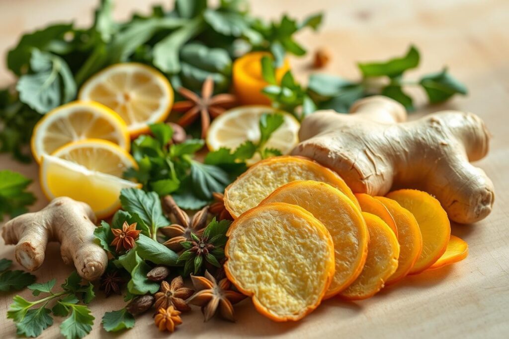 A vibrant arrangement of fresh ginger root, sliced and arranged artfully on a light wooden surface. The ginger is highlighted by soft, warm lighting, casting gentle shadows and highlighting its intricate texture. In the middle ground, various healthy ingredients like leafy greens, citrus wedges, and whole spices surround the ginger, creating a visually appetizing and nutritious scene. The background is blurred, keeping the focus on the central elements and conveying a sense of culinary exploration and wellness. The overall composition and lighting evoke a calming, natural atmosphere, suitable for an article on integrating ginger into a healthy diet. A vibrant arrangement of fresh ginger root, sliced and arranged artfully on a light wooden surface. The ginger is highlighted by soft, warm lighting, casting gentle shadows and highlighting its intricate texture. In the middle ground, various healthy ingredients like leafy greens, citrus wedges, and whole spices surround the ginger, creating a visually appetizing and nutritious scene. The background is blurred, keeping the focus on the central elements and conveying a sense of culinary exploration and wellness. The overall composition and lighting evoke a calming, natural atmosphere, suitable for an article on integrating ginger into a healthy diet.