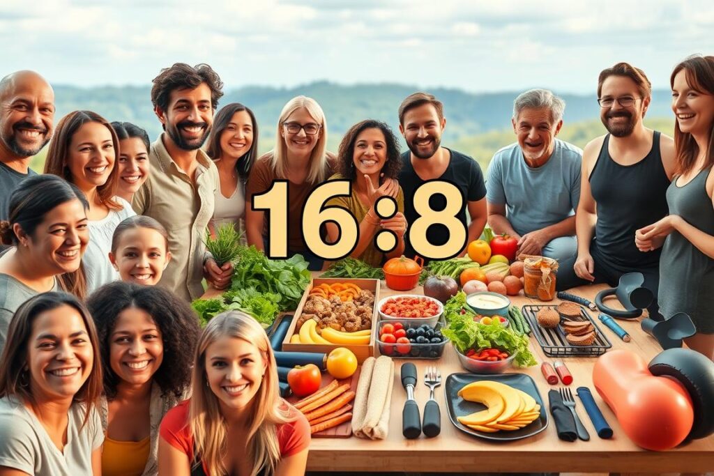 A vibrant collage showcasing the personal experiences of individuals who have embarked on the 16:8 diet. In the foreground, a group of diverse people smile and share their stories, their faces illuminated by warm, natural lighting. The middle ground features a neatly organized array of healthy meals, fresh produce, and fitness equipment, reflecting the dietary and lifestyle changes these individuals have embraced. In the background, a soft, blurred landscape of lush greenery and serene skies sets the tone of well-being and balance. The overall composition conveys a sense of positivity, community, and the transformative power of the 16:8 diet. A vibrant collage showcasing the personal experiences of individuals who have embarked on the 16:8 diet. In the foreground, a group of diverse people smile and share their stories, their faces illuminated by warm, natural lighting. The middle ground features a neatly organized array of healthy meals, fresh produce, and fitness equipment, reflecting the dietary and lifestyle changes these individuals have embraced. In the background, a soft, blurred landscape of lush greenery and serene skies sets the tone of well-being and balance. The overall composition conveys a sense of positivity, community, and the transformative power of the 16:8 diet.