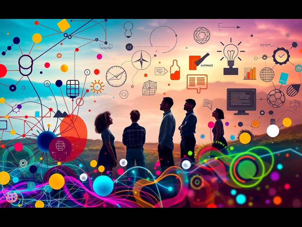 A vibrant, colorful visualization showcasing the benefits of visual thinking. In the foreground, a cascading array of abstract shapes, lines, and symbols representing the diverse ways visualization can enhance creativity, problem-solving, and knowledge retention. In the middle ground, a group of figures engaged in various visualization exercises, their faces alight with inspiration and understanding. The background depicts a serene, dreamlike landscape, with soft lighting and a sense of calm contemplation. The overall atmosphere is one of discovery, insight, and the power of the visual mind to unlock new perspectives and unlock human potential.