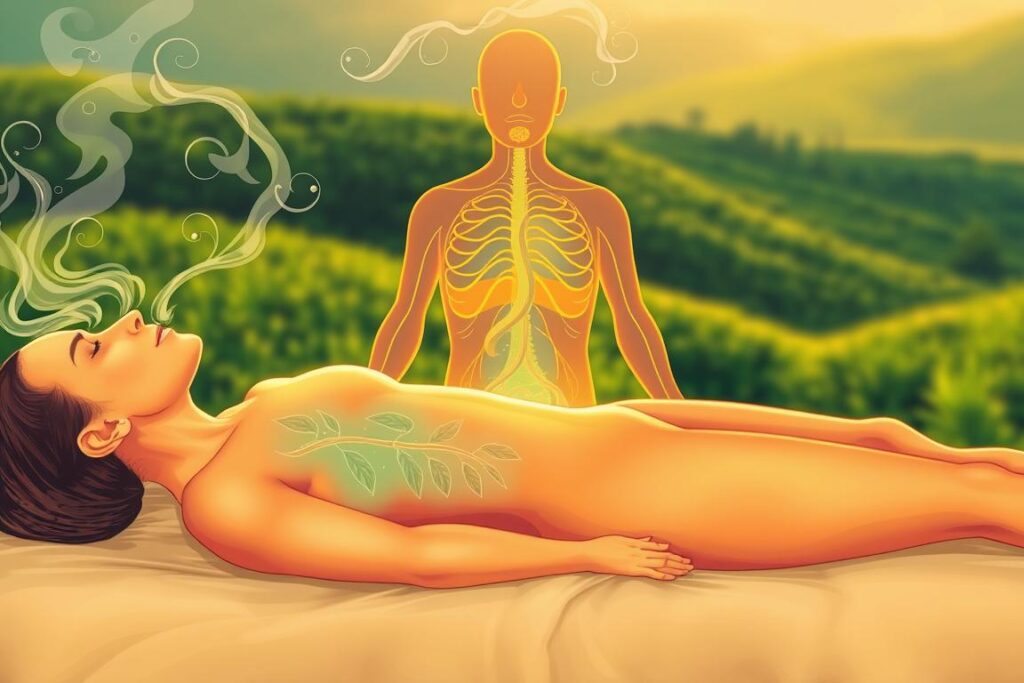 A vibrant, detailed illustration of a person's body being detoxified. In the foreground, a serene figure reclines, their skin glowing with a healthy radiance. Wisps of vapor emanate from their body, representing the release of toxins. The middle ground features a stylized representation of the body's internal systems, with channels and pathways where impurities are being flushed out. In the background, a lush, verdant landscape, suggesting a sense of renewal and rejuvenation. Warm, soft lighting bathes the scene, creating a calming, meditative atmosphere. The composition conveys the holistic, natural process of detoxification, with a focus on the body's innate ability to cleanse and rejuvenate itself. A vibrant, detailed illustration of a person's body being detoxified. In the foreground, a serene figure reclines, their skin glowing with a healthy radiance. Wisps of vapor emanate from their body, representing the release of toxins. The middle ground features a stylized representation of the body's internal systems, with channels and pathways where impurities are being flushed out. In the background, a lush, verdant landscape, suggesting a sense of renewal and rejuvenation. Warm, soft lighting bathes the scene, creating a calming, meditative atmosphere. The composition conveys the holistic, natural process of detoxification, with a focus on the body's innate ability to cleanse and rejuvenate itself.