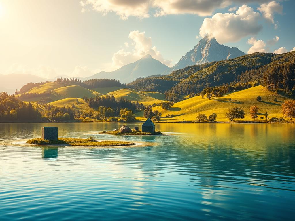 A vibrant, dreamlike landscape depicting the "Visualisierung für finanzielle Zukunft". In the foreground, a serene lake reflects the sky above, its surface rippling gently. Emerging from the water, geometric shapes and structures symbolize the building blocks of financial growth and security. The middle ground features lush, rolling hills adorned with flourishing trees and plants, representing the fertile ground for wealth and prosperity to take root. In the distance, a majestic mountain range rises, its peaks piercing the heavens, evoking a sense of limitless potential and spiritual ascension. The lighting is soft and warm, casting a golden glow over the entire scene, imbuing it with an atmosphere of hope, positivity, and a deep connection to the divine. The overall composition conveys a harmonious balance between the material and the ethereal, the practical and the aspirational, inspiring the viewer to embark on a transformative journey towards financial and spiritual fulfillment.