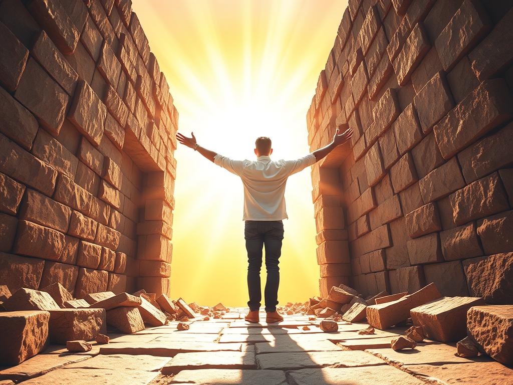 Erkenne Reichtumsblockaden und öffne Deinen Weg 2 A vibrant, energetic scene depicting the overcoming of financial blockades. In the foreground, a person stands confidently, arms outstretched, breaking through a large, imposing wall of stone blocks, representing the barriers to wealth and prosperity. The background is filled with a radiant, golden light, symbolizing the abundance and freedom that awaits on the other side. The scene is captured with a wide-angle lens, creating a sense of depth and scale, and lit by a warm, natural lighting that casts long, dramatic shadows. The overall mood is one of empowerment, determination, and the triumph of the human spirit over adversity.