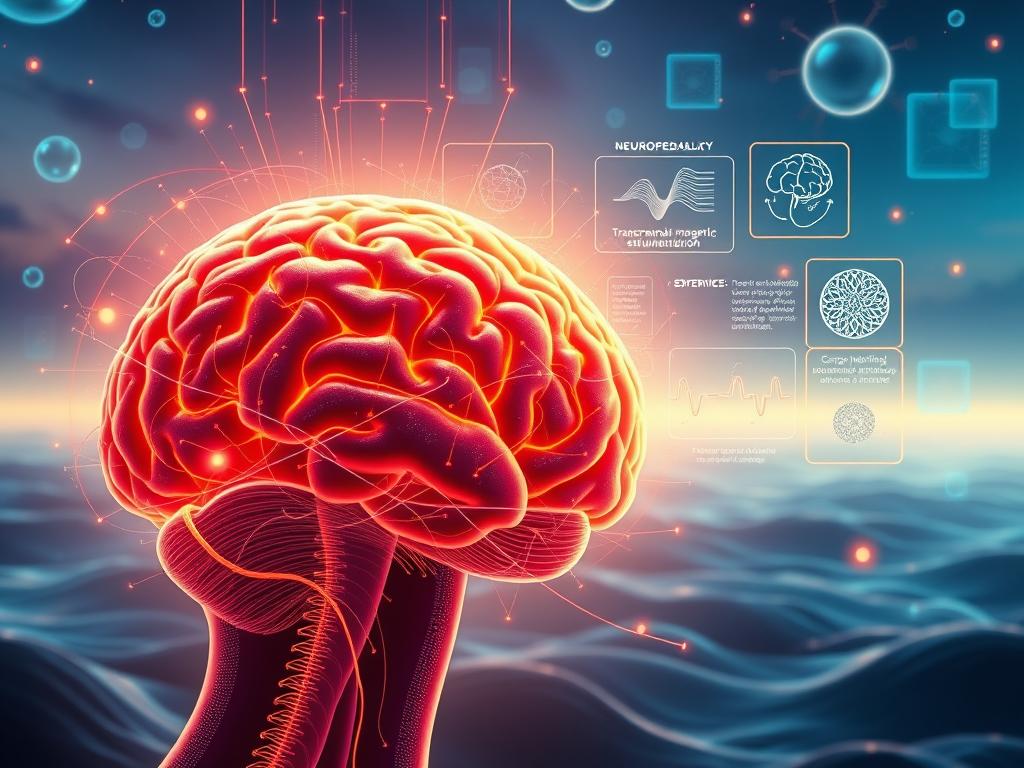A vibrant, high-resolution digital illustration showcasing various brain regeneration techniques. The foreground depicts a cross-section of the human brain, with neural pathways and synaptic connections illuminated in a warm, glowing palette. In the middle ground, a series of scientific diagrams and infographics illustrate different neuroplasticity-enhancing methods, such as neurofeedback, transcranial magnetic stimulation, and cognitive training exercises. The background features a serene, futuristic landscape with floating holographic displays, conveying the cutting-edge and innovative nature of these brain-rewiring techniques. The overall atmosphere is one of scientific exploration, cognitive enhancement, and the vast potential of the human brain.