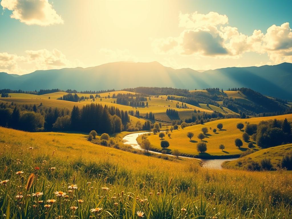 Erfolgreich ein Positives Geldmindset aufbauen 1 A vibrant, optimistic landscape depicting a "Positives Geldmindset". In the foreground, a lush meadow with swaying wildflowers and a winding river. In the middle ground, rolling hills dotted with verdant trees and sun-dappled paths. The background features a majestic mountain range, its peaks bathed in golden light. The sky is a brilliant azure, with fluffy white clouds drifting lazily overhead. The overall scene radiates a sense of abundance, growth, and possibility, reflecting the power of a positive, prosperous mindset. Warm, natural lighting casts a cheerful glow, and the composition draws the viewer's eye into the distance, suggesting limitless potential. This serene, idyllic landscape embodies the essence of a "Positives Geldmindset".