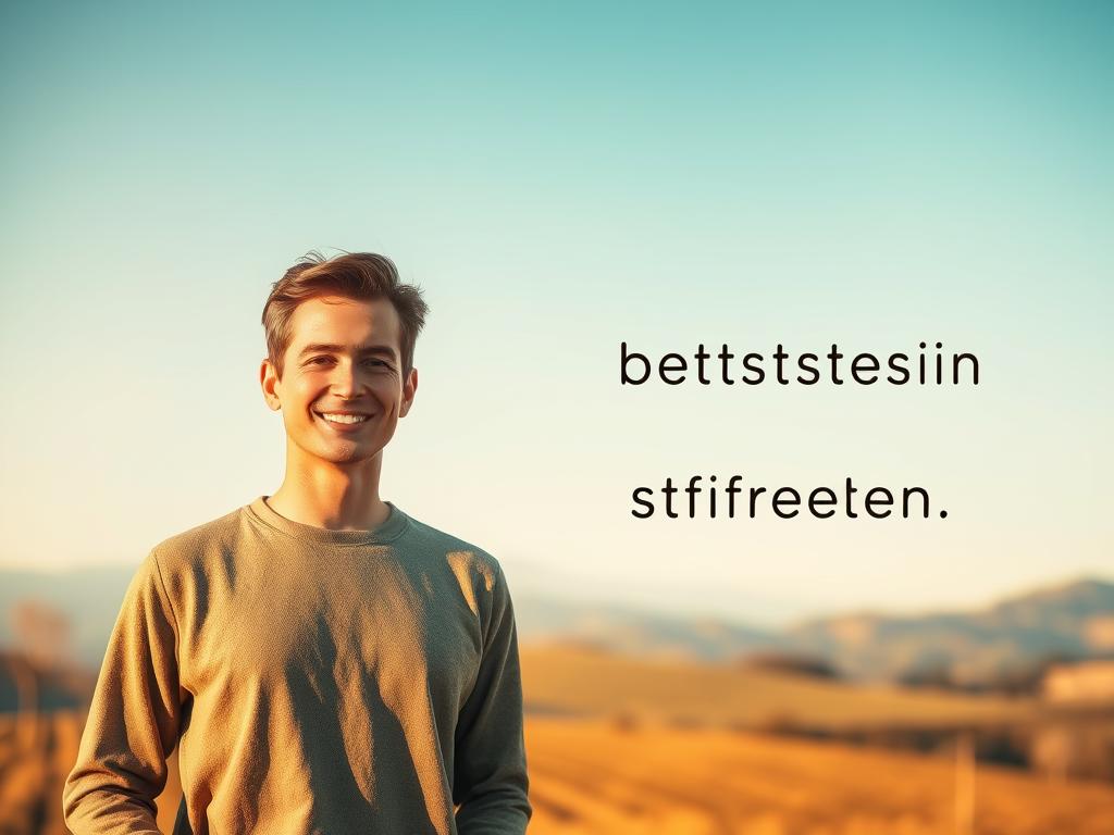 A vibrant, optimistic scene depicting the concept of "selbstbewusstsein stärken" (strengthening self-confidence). In the foreground, a confident person stands tall, their expression radiant and assured. Warm, golden lighting casts a positive glow, illuminating their face and figure. In the middle ground, abstract shapes and lines in soothing tones of blue and green suggest a sense of balance and inner peace. The background features a softly blurred, pastoral landscape, conveying a tranquil, introspective atmosphere. The overall mood is one of self-empowerment, motivation, and a commitment to personal growth.