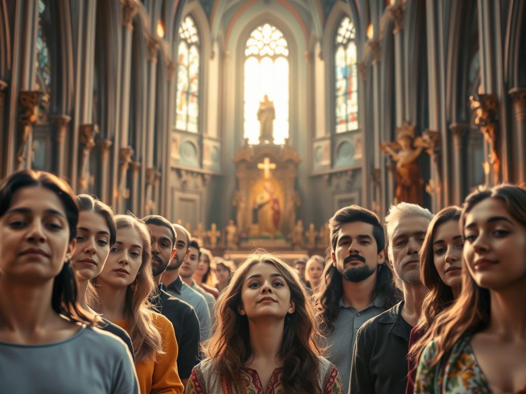 Glaube für Lebenswandel – Dein Wegweiser 4 A vibrant, photorealistic scene depicting "Vorbilder des Glaubens". In the foreground, a group of diverse individuals stand with serene expressions, their faces radiating inner peace and spiritual enlightenment. Gentle lighting filters through stained glass windows, casting a warm, reverent glow over the scene. In the middle ground, ornate religious iconography and artifacts grace the space, serving as visual anchors for the faithful. The background features a majestic cathedral interior, its towering arches and intricate architecture evoking a sense of awe and devotion. The overall composition conveys a harmonious blend of spiritual contemplation, communal unity, and timeless, sacred tradition.