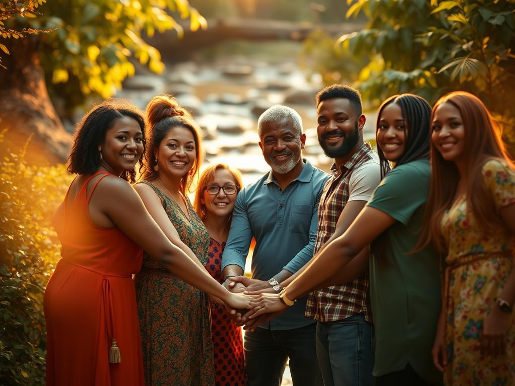 Wage Glaubensschritte ins Unbekannte – Mutig voran 4 A vibrant scene of unity and support, captured in a warm, soft-lit setting. In the foreground, a group of diverse individuals stand closely together, their hands joined in a gesture of camaraderie. Their expressions convey a sense of shared purpose and unwavering commitment. In the middle ground, a backdrop of natural elements like lush foliage and a gentle stream evokes a tranquil, nurturing environment. The lighting, with its golden hues, casts a dreamlike, ethereal glow, imbuing the scene with a profound sense of harmony and interconnectedness. The overall composition emphasizes the power of community, the strength that arises when people come together in mutual understanding and support.