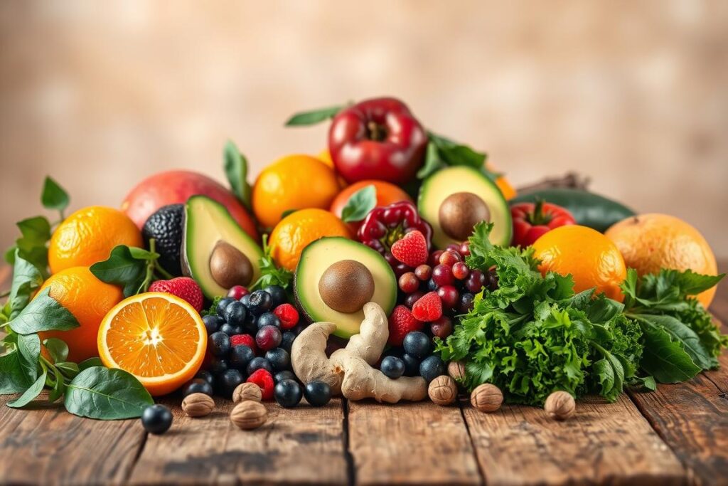 A vibrant still life depicting an assortment of fresh, colorful fruits and vegetables arranged on a rustic wooden table. In the foreground, juicy oranges, ripe avocados, and leafy greens take center stage, conveying the nourishing properties of these liver-supporting foods. The middle ground features a scattering of berries, sliced ginger, and a handful of walnuts, creating a visually appealing and balanced composition. In the background, a soft, warm-toned lighting illuminates the scene, evoking a sense of wholesome, natural abundance. The overall mood is one of vitality, wellness, and the celebration of nature's bounty, perfectly capturing the essence of "Lebensmittel, die die Leber fördern". A vibrant still life depicting an assortment of fresh, colorful fruits and vegetables arranged on a rustic wooden table. In the foreground, juicy oranges, ripe avocados, and leafy greens take center stage, conveying the nourishing properties of these liver-supporting foods. The middle ground features a scattering of berries, sliced ginger, and a handful of walnuts, creating a visually appealing and balanced composition. In the background, a soft, warm-toned lighting illuminates the scene, evoking a sense of wholesome, natural abundance. The overall mood is one of vitality, wellness, and the celebration of nature's bounty, perfectly capturing the essence of "Lebensmittel, die die Leber fördern".