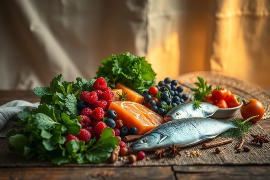 A vibrant still life depicting the concept of "Nutrition Against Inflammation". In the foreground, a selection of nutrient-dense anti-inflammatory foods are artfully arranged on a rustic wooden table, including leafy greens, colorful berries, fatty fish, and aromatic spices. The middle ground features a soft focus background of soothing natural textures, such as linen fabric and a woven placemat, creating a calming ambiance. Warm, diffused lighting casts a gentle glow over the scene, emphasizing the rich colors and textures of the ingredients. The overall composition conveys a sense of balance, harmony, and the healing power of wholesome, anti-inflammatory cuisine. A vibrant still life depicting the concept of "Nutrition Against Inflammation". In the foreground, a selection of nutrient-dense anti-inflammatory foods are artfully arranged on a rustic wooden table, including leafy greens, colorful berries, fatty fish, and aromatic spices. The middle ground features a soft focus background of soothing natural textures, such as linen fabric and a woven placemat, creating a calming ambiance. Warm, diffused lighting casts a gentle glow over the scene, emphasizing the rich colors and textures of the ingredients. The overall composition conveys a sense of balance, harmony, and the healing power of wholesome, anti-inflammatory cuisine.