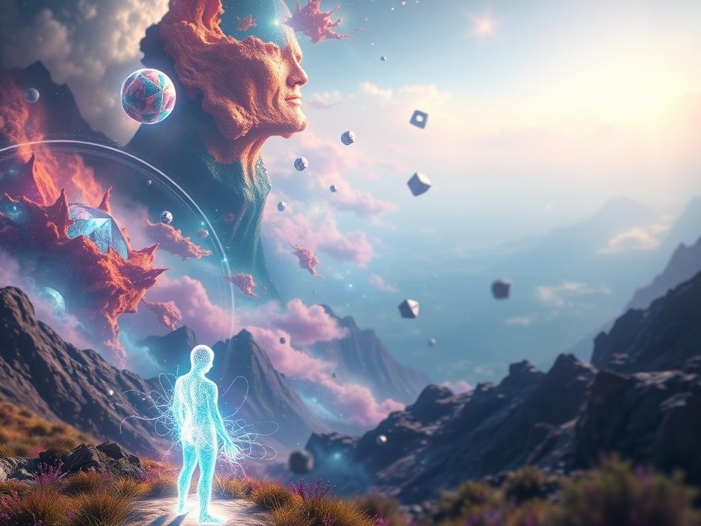 Entdecke Deinen direkten Zugang zum Unterbewusstsein 2 A vibrant, surreal landscape where the subconscious mind is visually manifested. In the foreground, a glowing, ethereal figure represents the activation of the subconscious, its energy pulsing and radiating outward. The middle ground features abstract, dreamlike elements - floating geometric shapes, swirling wisps of color, and distorted visual cues that hint at the workings of the subconscious. In the background, a vast, mysterious void hints at the depths of the mind, with subtle gradients and hints of light suggesting the vastness and complexity of the subconscious realm. The overall mood is one of introspection, wonder, and the unlocking of inner potential, captured through a masterful blend of realism and surrealism.