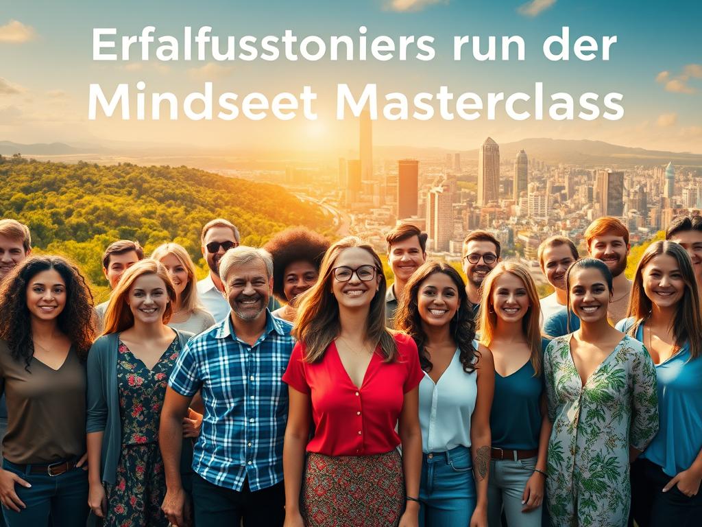 A vibrant, uplifting scene showcasing "Erfolgsgeschichten aus der Mindset Masterclass". In the foreground, a group of diverse individuals stand tall, eyes shining with pride and determination. They radiate an aura of confidence and self-belief, embodying the transformative power of the Mindset Masterclass. In the middle ground, a backdrop of lush, verdant landscapes and modern cityscapes serves as a metaphor for the boundless opportunities that await those who embrace a positive mindset. Warm, golden lighting casts a glow over the entire scene, evoking a sense of celebration and triumph. The composition is dynamic, with a sense of movement and energy, capturing the spirit of the Mindset Masterclass and its ability to unlock individual potential.