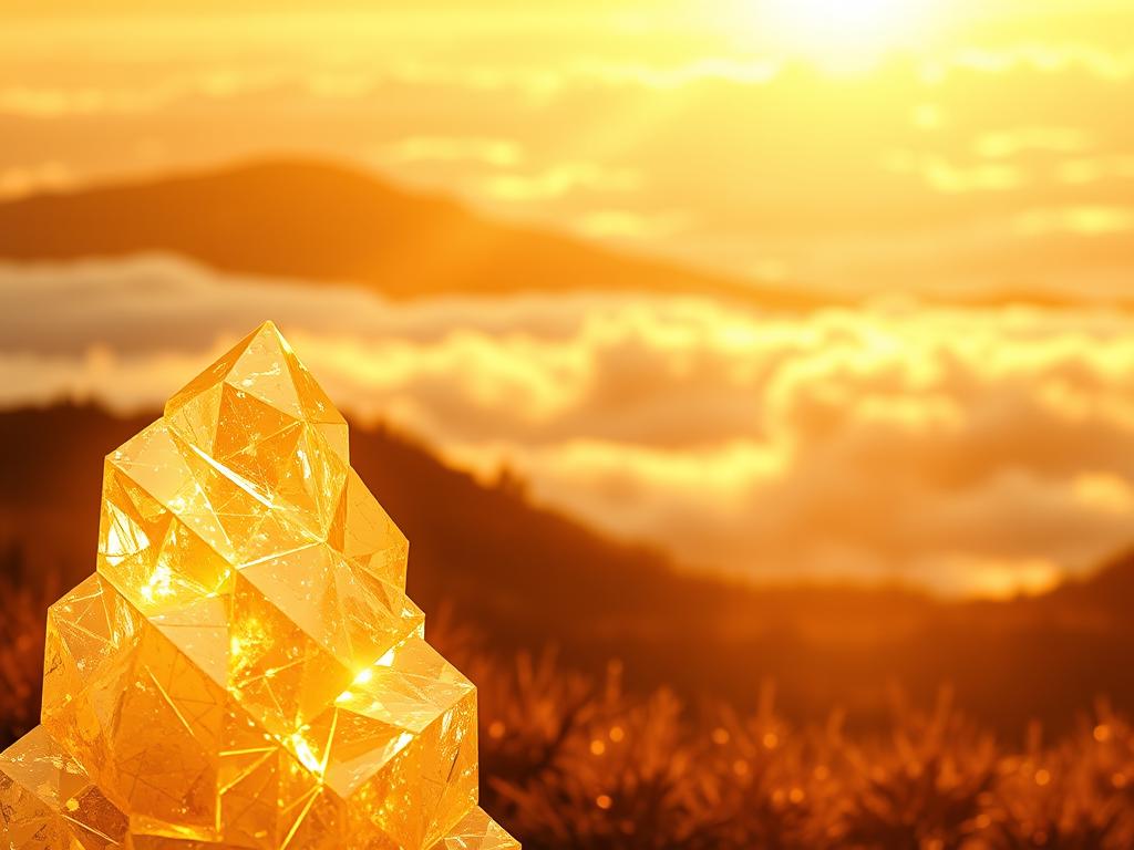 Erfolgreich Reichtum visualisieren lernen – So geht’s! 2 A vibrant visualization of the "Grundlagen der Reichtum-Visualisierung" concept. Set against a warm, golden-hued background, the foreground features a glowing, crystalline structure that pulses with radiant energy. The middle ground showcases intricate, geometric patterns that intertwine and flow, representing the interconnectedness of wealth-building principles. In the background, a dreamlike landscape unfolds, with shimmering clouds and a soft, diffused light that bathes the scene in an aura of prosperity and abundance. The overall composition conveys a sense of harmony, growth, and the transformative power of visualization techniques. Captured through a wide-angle lens with a shallow depth of field, the image evokes a sense of wonder and inspiration.