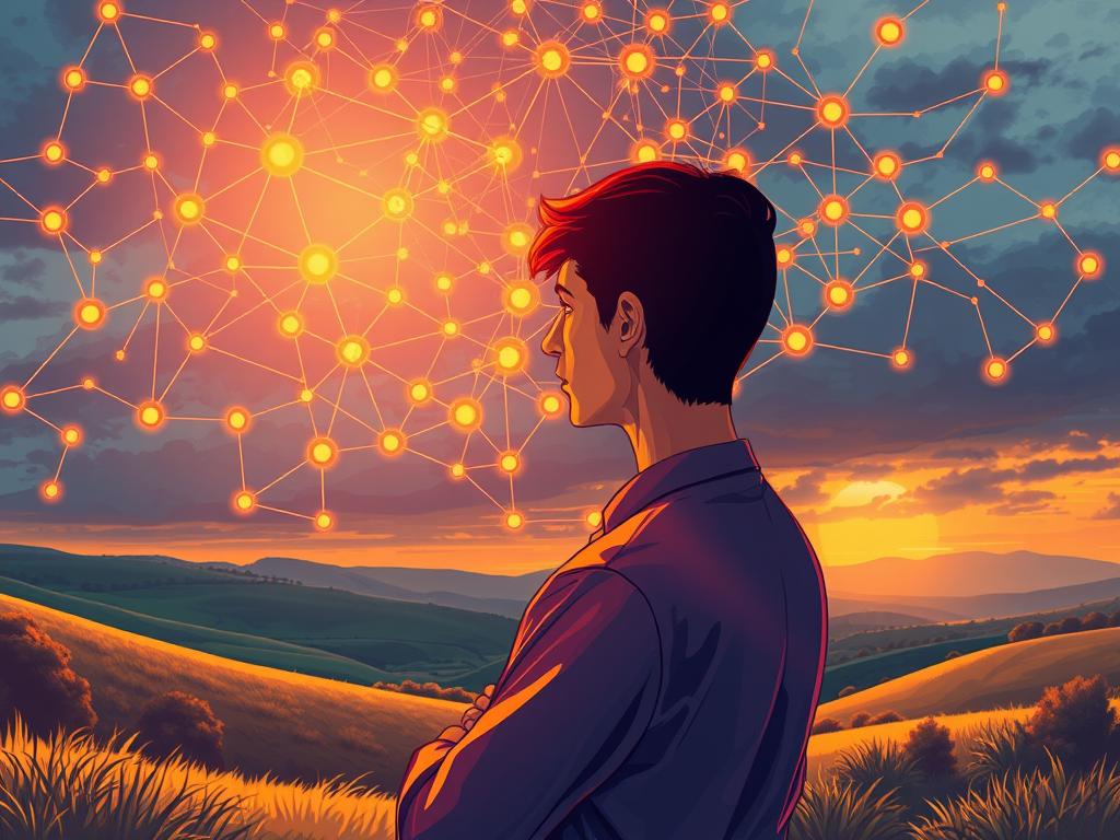 Entdecken Sie Ihre Kraft mit Neuro Linguistisches Programmieren 1 A vivid, intricate illustration showcasing the power of communication skills within the realm of Neuro Linguistic Programming. The foreground depicts a person engaged in a thoughtful, expressive dialogue, their body language and facial expressions conveying a sense of confidence and clarity. The middle ground features a network of interconnected nodes and pathways, symbolizing the neurological processes and linguistic patterns that shape effective communication. The background presents a serene, contemplative landscape, evoking the introspective nature of personal growth and self-discovery. The lighting is warm and focused, creating a sense of depth and drawing the viewer's attention to the central figure. The overall scene reflects the transformative potential of Neuro Linguistic Programming, where communication becomes a powerful tool for personal development and empowerment.
