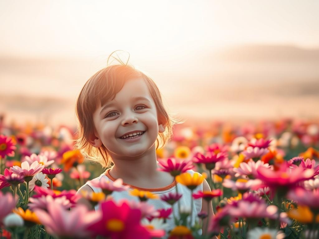 Kraftvolle Affirmationen für Kinder – Stärke finden 2 A warm and uplifting scene depicting a young child standing amidst a field of colorful flowers, their face illuminated by a soft, golden light. In the foreground, the child's expression is one of joy, their eyes sparkling with a sense of wonder and inner strength. The middle ground is filled with vibrant, blooming flowers in a variety of hues, creating a lush, inviting atmosphere. In the background, a serene, hazy landscape stretches out, suggesting a peaceful, tranquil setting. The overall composition conveys a feeling of inspiration, empowerment, and the boundless potential within each child.