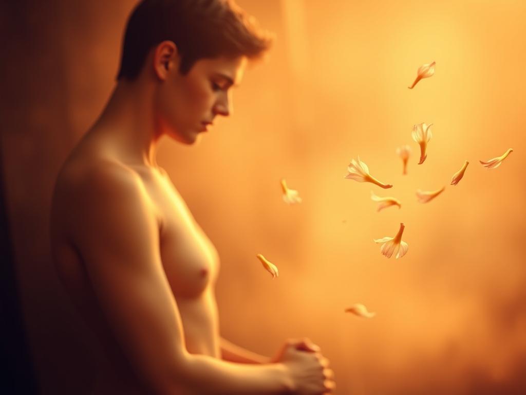A warm, ethereal scene depicting the signs of a deep soulful connection. In the foreground, two figures, their bodies intertwined, radiate an aura of profound intimacy. Their faces are softly lit, reflecting the gentle glow of their intertwined energy. In the middle ground, delicate flower petals drift through the air, symbolizing the beauty and fragility of this sacred bond. The background is hazy, with a dreamlike quality, suggesting a transcendent, spiritual realm. The lighting is soft and diffused, creating a feeling of timelessness and reverence. The color palette is muted, with earthy tones and warm hues that evoke a sense of grounding and serenity. This image conveys the essence of "Seelenliebe" - a deep, soulful love that transcends the physical and connects two beings on a profound, spiritual level.