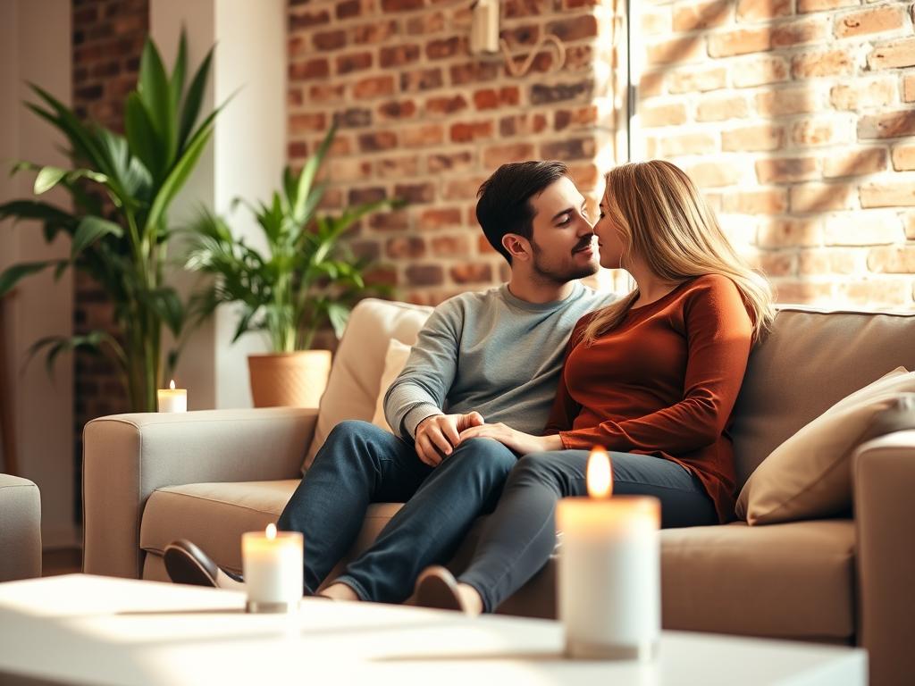 Tiefe Beziehungstipps, die Dein Liebesleben bereichern 1 A warm, inviting couple's retreat set in a cozy, sun-dappled living room. In the foreground, a loving pair sits close together on a plush, neutral-toned sofa, their hands intertwined as they gaze tenderly into each other's eyes. The middle ground features a vibrant indoor plant and a tasteful, unobtrusive side table with a single burning candle, casting a soft, ambient glow. The background reveals a wall of exposed brick, adding a touch of rustic charm to the scene. The overall atmosphere is one of intimacy, comfort, and the nurturing of a strong, supportive relationship.