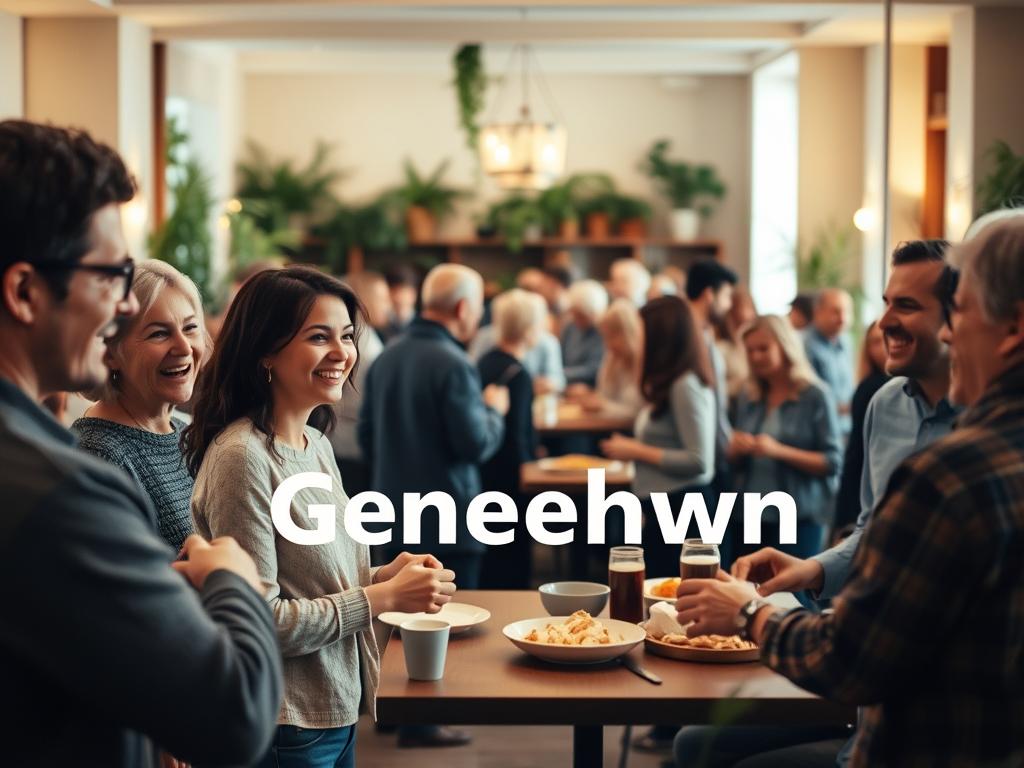 Aktiviere Deinen Glauben bewusst – Lebenskraft 3 A warm, inviting gathering of people in a cozy, well-lit indoor setting. In the foreground, a group of friends and family members engaging in lively conversation, their faces radiating joy and connection. In the middle ground, people of diverse backgrounds mingling and sharing meals, creating a sense of community. The background features a tastefully decorated space with soft, diffused lighting, wooden accents, and plants, conveying a sense of comfort and belonging. The overall atmosphere is one of togetherness, where individuals come together to experience the power of Gemeinschaft.