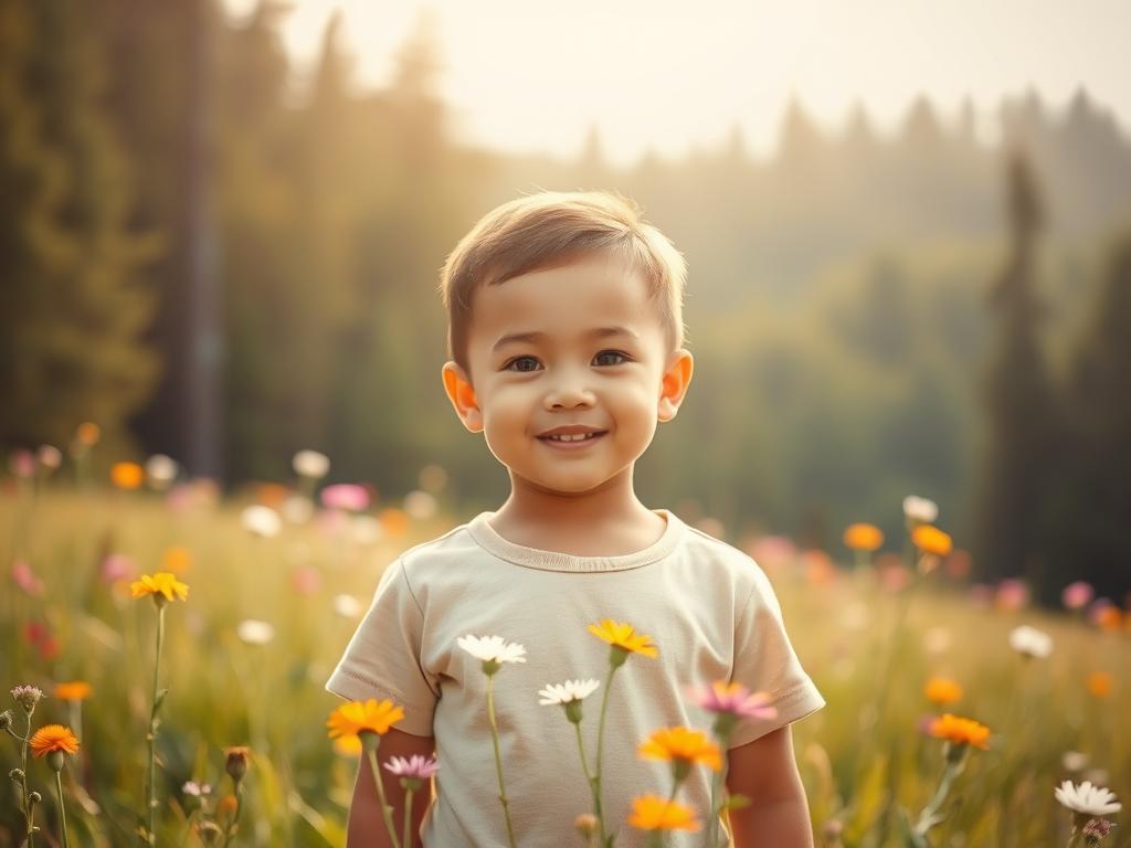 Kraftvolle Affirmationen für Kinder – Stärke finden 1 A warm, serene scene of a young child standing confidently, their expression radiant with self-assurance. The child is surrounded by a soft, gentle light, creating a calming, introspective atmosphere. In the middle ground, a field of vibrant wildflowers sways gently, symbolizing the child's inner growth and resilience. In the background, a tranquil forest provides a natural, grounding backdrop, suggesting the child's connection to their environment. The overall composition conveys a sense of empowerment, inner strength, and the transformative power of positive affirmations.