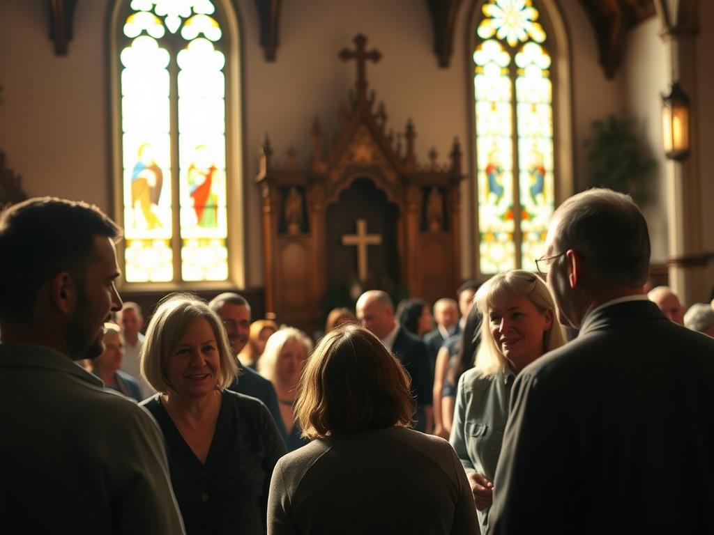 Neuer Glaube, neues Leben: Entfache deine Seele 4 A warm, welcoming church interior with an inviting atmosphere. In the foreground, a group of congregants are gathered, their expressions conveying a sense of community and mutual support. Soft, natural lighting filters through stained glass windows, casting a serene glow over the scene. In the middle ground, people are engaged in conversation, their body language suggesting openness and connection. The background features ornate wooden pews and a central altar, reinforcing the sacred nature of the space. An overall feeling of togetherness, faith, and spiritual nourishment permeates the image.