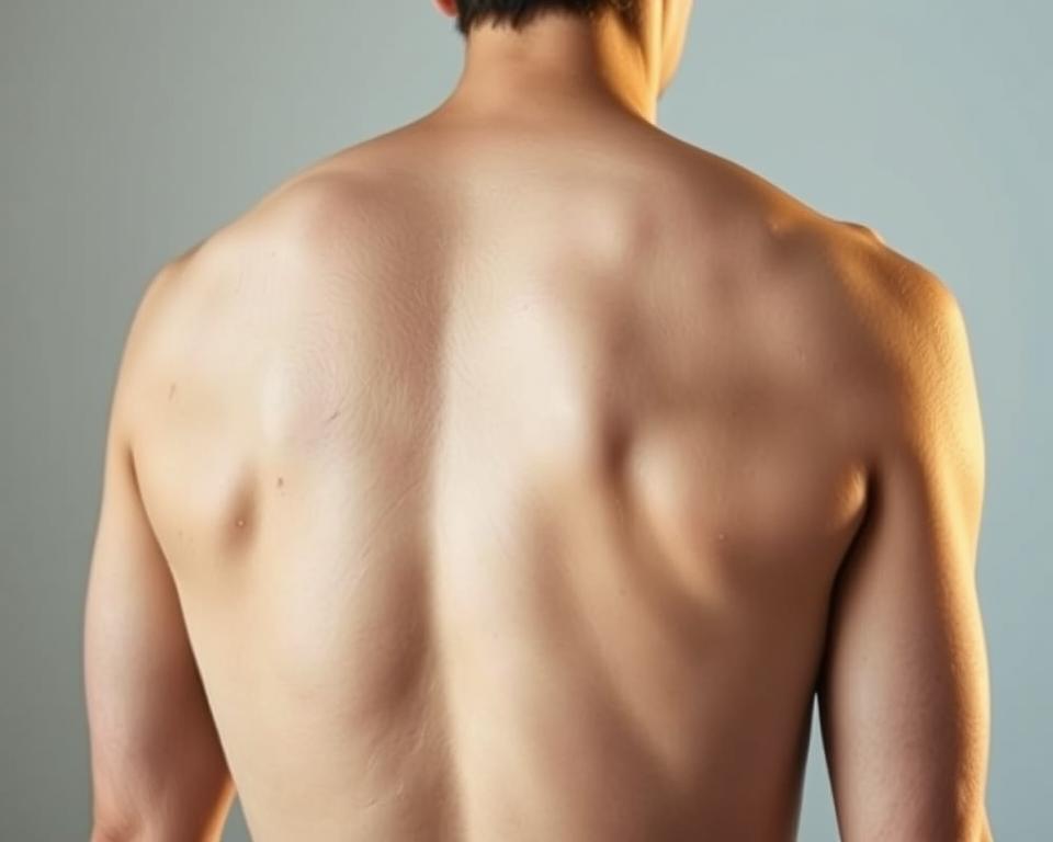 A well-lit, close-up view of a person's back, showcasing the common mistakes made during a self-adjustment of the spine. The subject is depicted in a neutral pose, with subtle tension in the muscles, highlighting the potential risks involved. The image has a clinical, educational tone, conveying the need for caution and proper technique. Soft, warm lighting from the side adds depth and dimension, while a slightly elevated camera angle provides a clear, informative perspective. The background is clean and uncluttered, allowing the focus to remain on the central subject and the key details of the self-adjustment process.