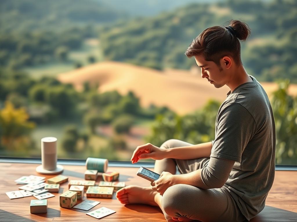A well-lit, inspirational scene depicting "Brain Training for Cognitive Performance". In the foreground, a person is sitting cross-legged, deeply focused on a brain-teasing puzzle or game, their face expressing intense concentration. The middle ground shows various cognitive exercise tools like memory cards, number puzzles, and logic challenges. The background features a serene, natural landscape with lush greenery, hinting at the restorative and energizing effects of brain training. The lighting is soft and warm, creating a sense of calm and clarity. The overall mood is one of mental engagement, growth, and self-empowerment.