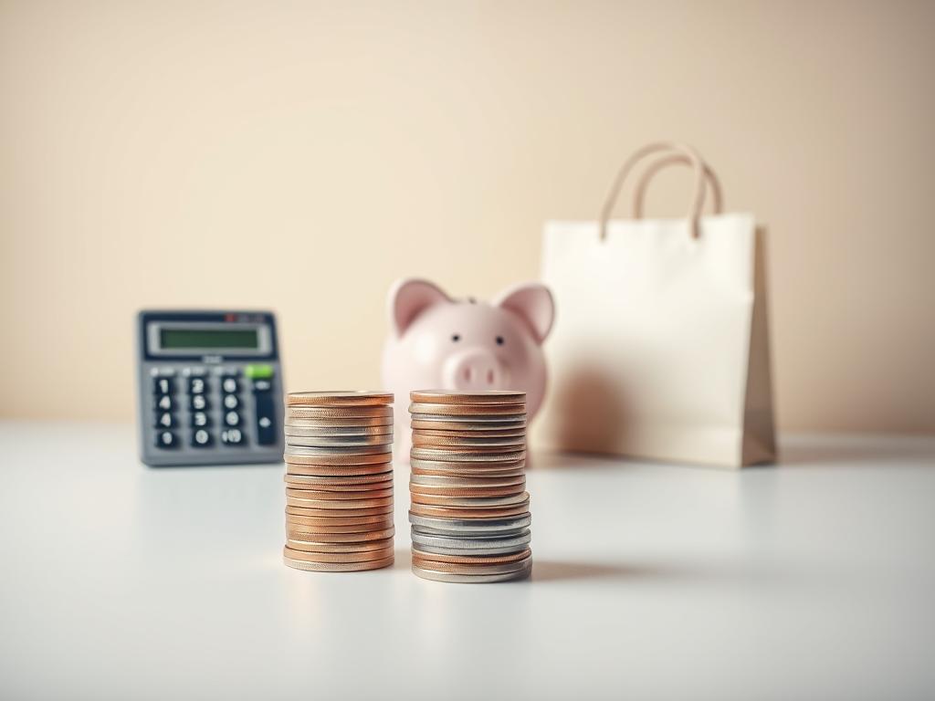 Stärke dein Geldbewusstsein – Finanzielle Freiheit 3 A well-lit, minimalist composition showcasing the concept of "Geld sparen glauben durch klugen Konsum". In the foreground, a stack of coins representing savings is accompanied by a calculator, a piggy bank, and a shopping bag, symbolizing the balance between thrift and thoughtful consumption. The middle ground features a serene, pastel-hued background, evoking a sense of financial tranquility. Subtle patterns and textures in the background add depth and visual interest, guiding the viewer's eye towards the central financial elements. The overall mood is one of financial awareness, prudence, and the belief that smart spending can lead to lasting savings.
