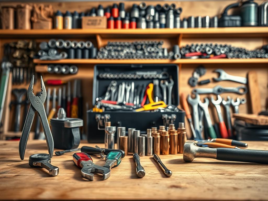 A well-lit workspace with a selection of practical tools meticulously arranged on a wooden workbench. In the foreground, a set of pliers, screwdrivers, and a hammer gleam against the natural grain of the wood. In the middle ground, a toolbox stands open, revealing an assortment of sockets, wrenches, and other essential implements. The background features shelves stocked with carefully organized hardware, casting subtle shadows that add depth and texture to the scene. The overall composition exudes a sense of order, efficiency, and the satisfaction that comes from mastering one's craft.