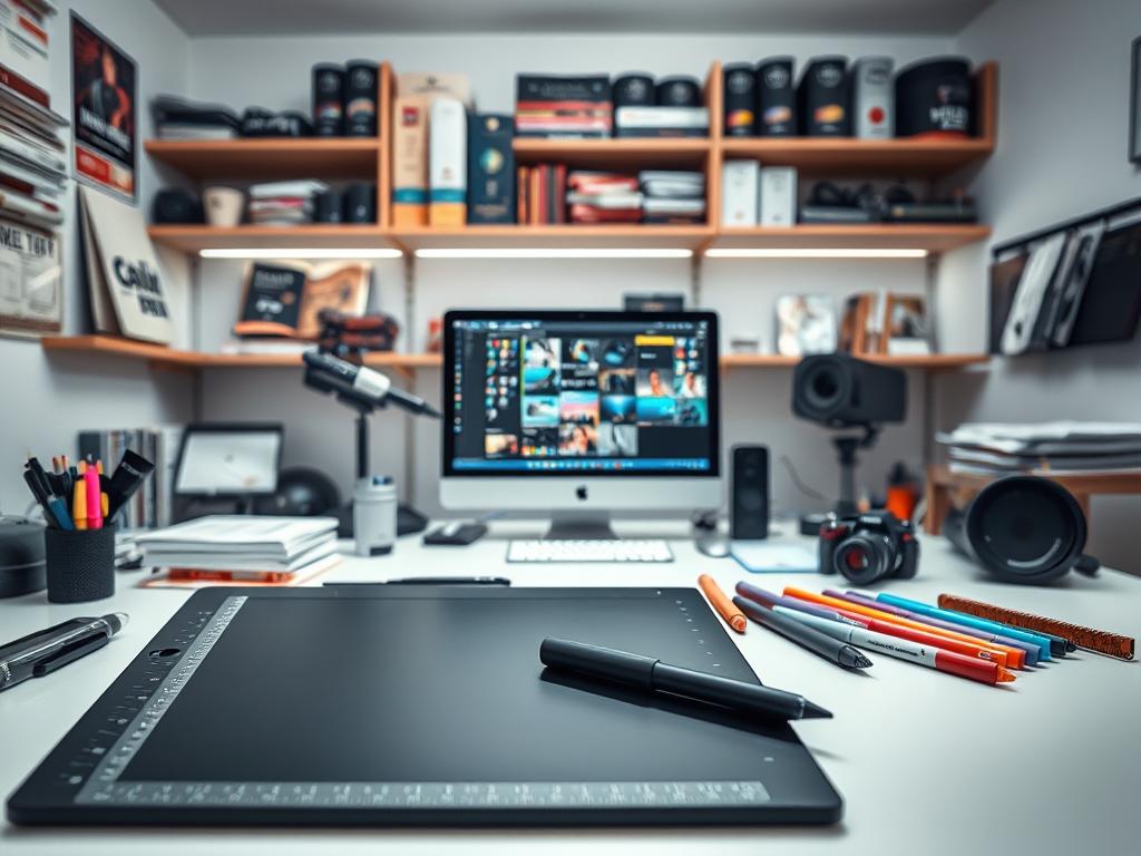 A well-lit workspace with an assortment of tools for creating subliminal images. In the foreground, a tablet or graphics tablet with a stylus, along with a ruler, protractor, and various marker pens. In the middle ground, a desktop computer with a high-resolution display, and a camera or scanner nearby. The background features shelves stocked with design software manuals, color palettes, and inspirational reference material. The lighting is soft and even, creating a calm, focused atmosphere conducive to creative work. The overall scene conveys a sense of professionalism, attention to detail, and the tools necessary for crafting effective subliminal media.