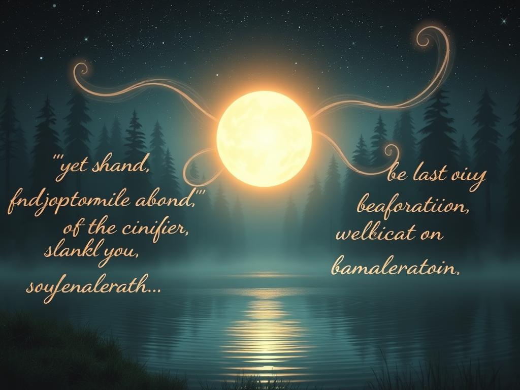 Erschaffe Wohlstand: Fülle durch Affirmationen 1 Affirmationen und Unterbewusstsein: A serene, ethereal landscape with a glowing, illuminated sphere representing the subconscious mind. In the foreground, flowing script-like affirmations in soft, pastel hues cascade around the central orb, symbolizing the power of positive self-talk. The middle ground features a tranquil body of water, its surface reflecting the vibrant affirmations. In the background, a dimly lit forest scene with tall, wispy trees and a starry, dreamlike sky, conveying the depth and mysticism of the subconscious. The lighting is soft and diffused, creating a contemplative, introspective atmosphere. Rendered in a whimsical, impressionistic style to evoke the intangible nature of the mind and its inner workings.