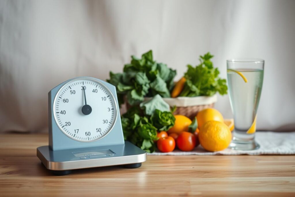 An elegant still life depicting the benefits of fasting for weight loss. In the foreground, a set of weighing scales with a diminishing display, symbolizing gradual weight reduction. Surrounding the scales, an arrangement of fresh produce - crisp green vegetables, juicy citrus fruits, and a glass of clear, rejuvenating liquid. The middle ground features a serene, minimalist backdrop, perhaps a wooden table or a soft, neutral fabric, allowing the subject to shine. Soft, diffused lighting casts a warm, inviting glow, conveying a sense of balance and well-being. The overall composition exudes a tranquil, healthy atmosphere, reflecting the advantages of the fasting process for achieving a healthier self. An elegant still life depicting the benefits of fasting for weight loss. In the foreground, a set of weighing scales with a diminishing display, symbolizing gradual weight reduction. Surrounding the scales, an arrangement of fresh produce - crisp green vegetables, juicy citrus fruits, and a glass of clear, rejuvenating liquid. The middle ground features a serene, minimalist backdrop, perhaps a wooden table or a soft, neutral fabric, allowing the subject to shine. Soft, diffused lighting casts a warm, inviting glow, conveying a sense of balance and well-being. The overall composition exudes a tranquil, healthy atmosphere, reflecting the advantages of the fasting process for achieving a healthier self.