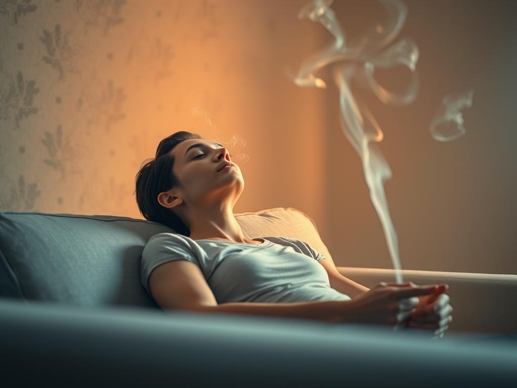 Rauchentwöhnung Hypnose – Der Schlüssel zu Ihrem Erfolg 2 An ethereal, serene scene of a person undergoing hypnosis for smoking cessation. In the foreground, a figure reclines on a couch, eyes gently closed, hands resting peacefully. Soft, diffused lighting casts a warm, calming glow, creating an atmosphere of deep relaxation. The background features a minimalist, soothing environment, with subtle textures and muted tones that reinforce the tranquil mood. Wispy, smoke-like tendrils swirl gracefully, symbolizing the releasing of addictive habits. The overall composition conveys a sense of introspection, self-reflection, and the empowering process of breaking free from nicotine dependence through the power of hypnosis.