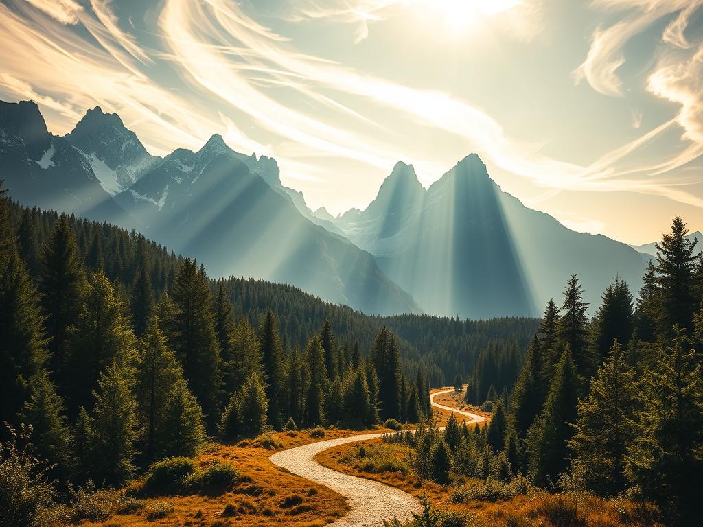 Glaubensentwicklung fördern 4 An intricate landscape, bathed in a warm, golden glow, depicting the "Glaubensherausforderungen" or challenges on the path of spiritual growth. In the foreground, a winding path leads the viewer through a lush, verdant forest, symbolizing the journey of faith. Towering, rugged mountains rise in the distance, their peaks capped with snow, representing the formidable obstacles and adversities encountered along the way. The sky is filled with wispy, ethereal clouds, creating a sense of transcendence and the divine. Shafts of light pierce through the canopy, illuminating the path and guiding the viewer forward. The overall atmosphere is one of contemplation, resilience, and the unwavering pursuit of spiritual enlightenment.