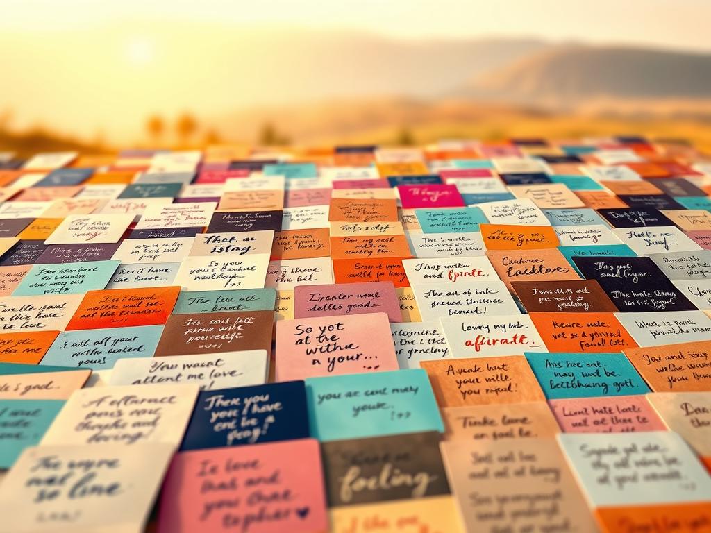 Erfolgreich Abnehmen: Deine Abnehm Affirmationen 2 An intricate mosaic of individual affirmations, each a unique tile in the larger tapestry. The foreground showcases several affirmations handwritten in an elegant calligraphic script, radiating positive energy and personal empowerment. The middle ground features a collection of affirmation cards, arranged in a visually striking composition, their vibrant colors and textures creating a sense of depth and dimension. In the background, a soft, blurred landscape serves as a serene backdrop, allowing the affirmations to take center stage. Warm, natural lighting casts a gentle glow, imbuing the scene with a tranquil, introspective atmosphere. The overall composition conveys a sense of personalization, reflection, and the transformative power of tailored affirmations.