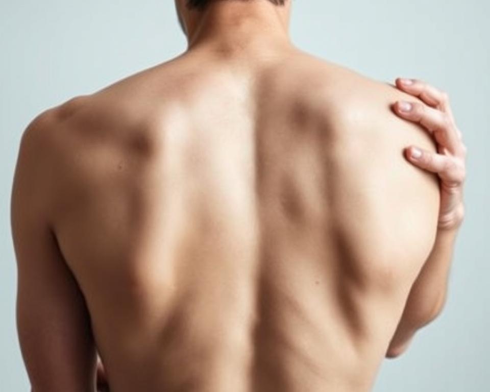 An upper back in a state of tension, the shoulder blades appearing to push against the skin, creating a palpable discomfort. Subtle shadows accentuate the contours, hinting at the underlying muscle strain. The figure is depicted in a neutral, contemplative pose, inviting the viewer to empathize with the experience of "Schmerz zwischen Schulterblättern". The lighting is soft and diffused, creating a sense of introspection. The background is blurred, keeping the focus on the central subject and its nuanced expression of physical and emotional pain.