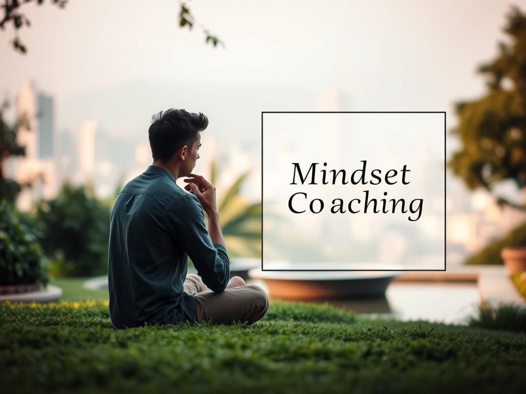 Definition Mindset Coaching A serene and contemplative scene showcasing the concept of "Mindset Coaching". In the foreground, a thoughtful individual sits cross-legged, deep in reflection, surrounded by a tranquil garden with lush greenery and a calming water feature. The middle ground features a minimalist frame highlighting the text "Mindset Coaching" in elegant typography, conveying the essence of this transformative practice. The background depicts a softly blurred cityscape, symbolizing the broader context in which this inner work takes place. The lighting is warm and diffused, creating a sense of introspection and clarity. The overall atmosphere evokes a balance of focus, self-awareness, and the potential for personal growth.