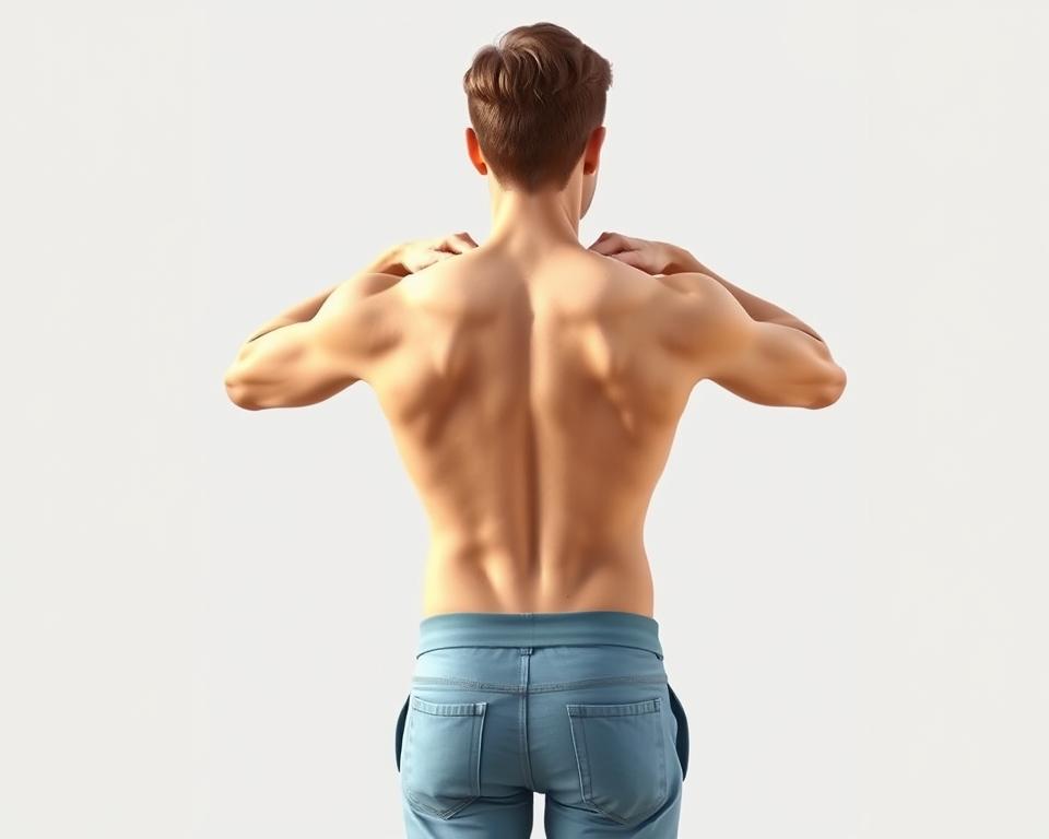 Detailed full-body illustration of a person demonstrating correct posture, with emphasis on the shoulder blades and upper back. Crisp, photorealistic rendering in warm natural lighting, shot from a slightly low angle to highlight the subject's alignment. The person is standing upright with shoulders pulled back, chest open, and head held high, creating a balanced, confident pose. The background is a clean, minimalist setting, allowing the subject to be the focal point. Subtle textures and shadows add depth and dimension to the image, while maintaining a clean, illustrative aesthetic suitable for a magazine article.